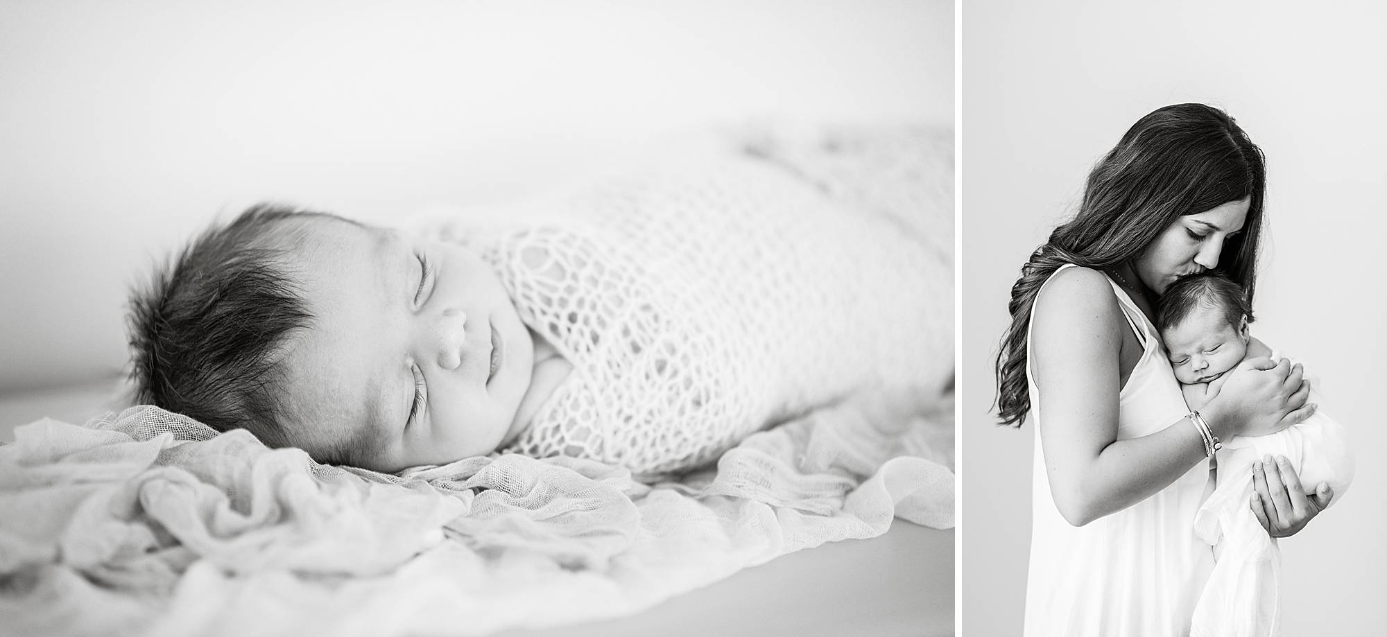 black and white newborn portrait swaddled in a wrap