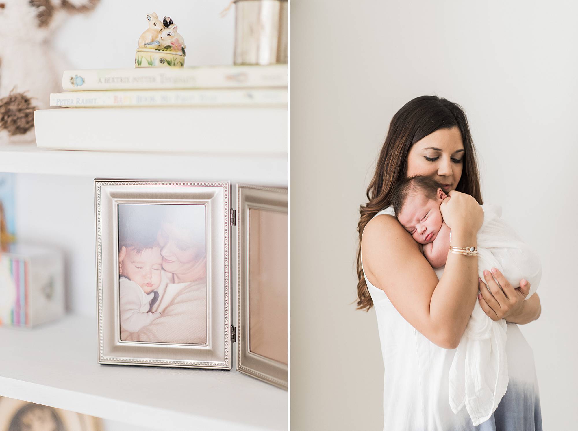 comparing old photo to new photograph of child in mothers arms