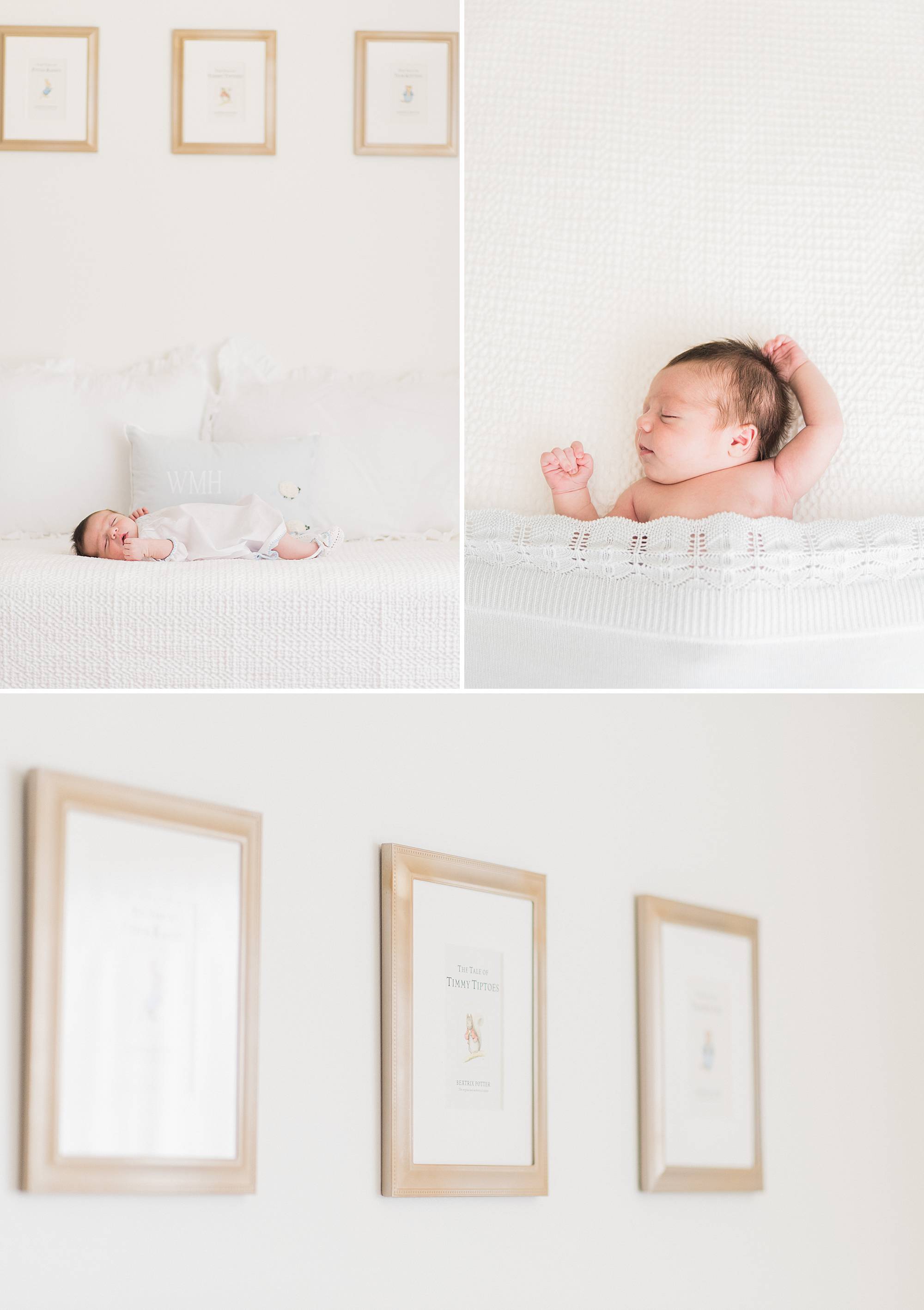 picture frames and wall art displayed in newborn baby nursery