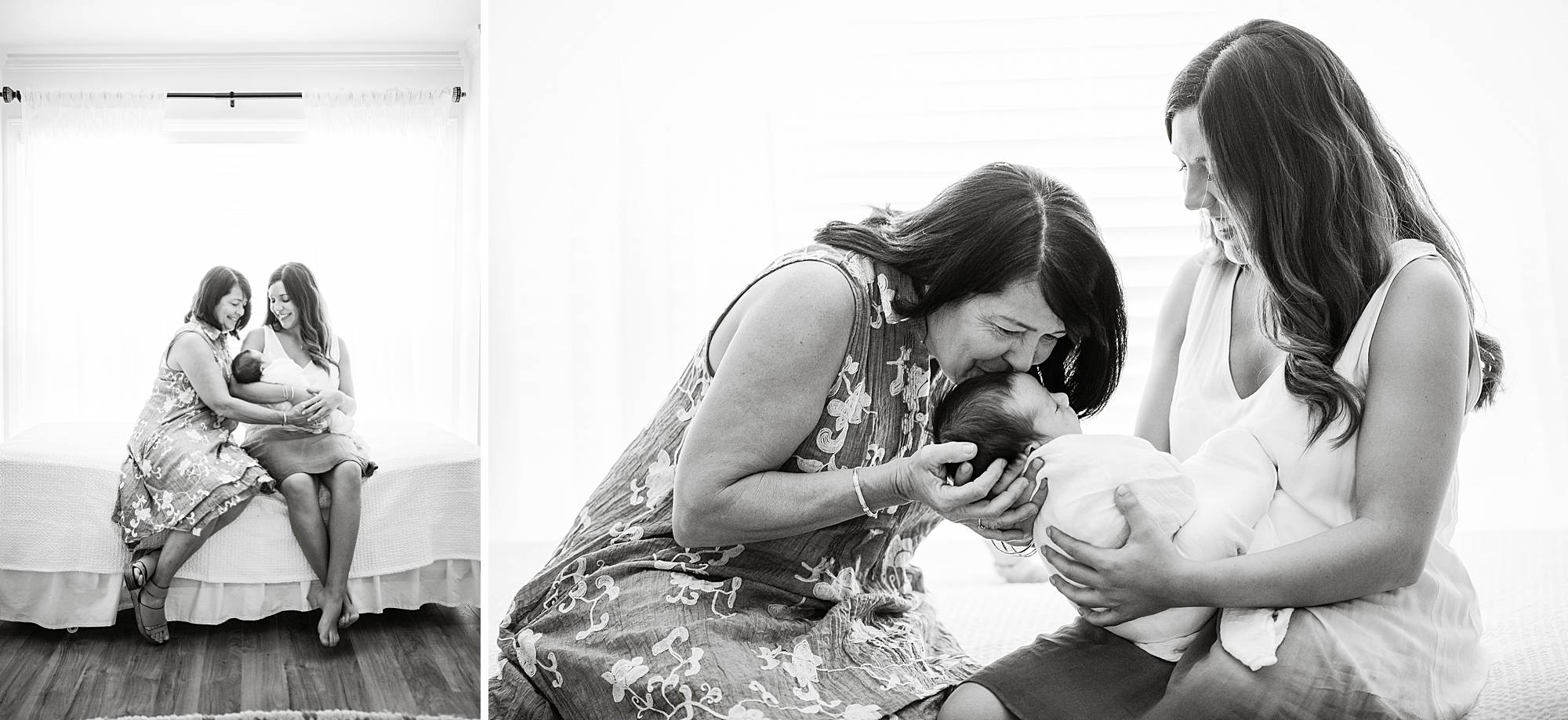 three generations of girls kissing on new baby