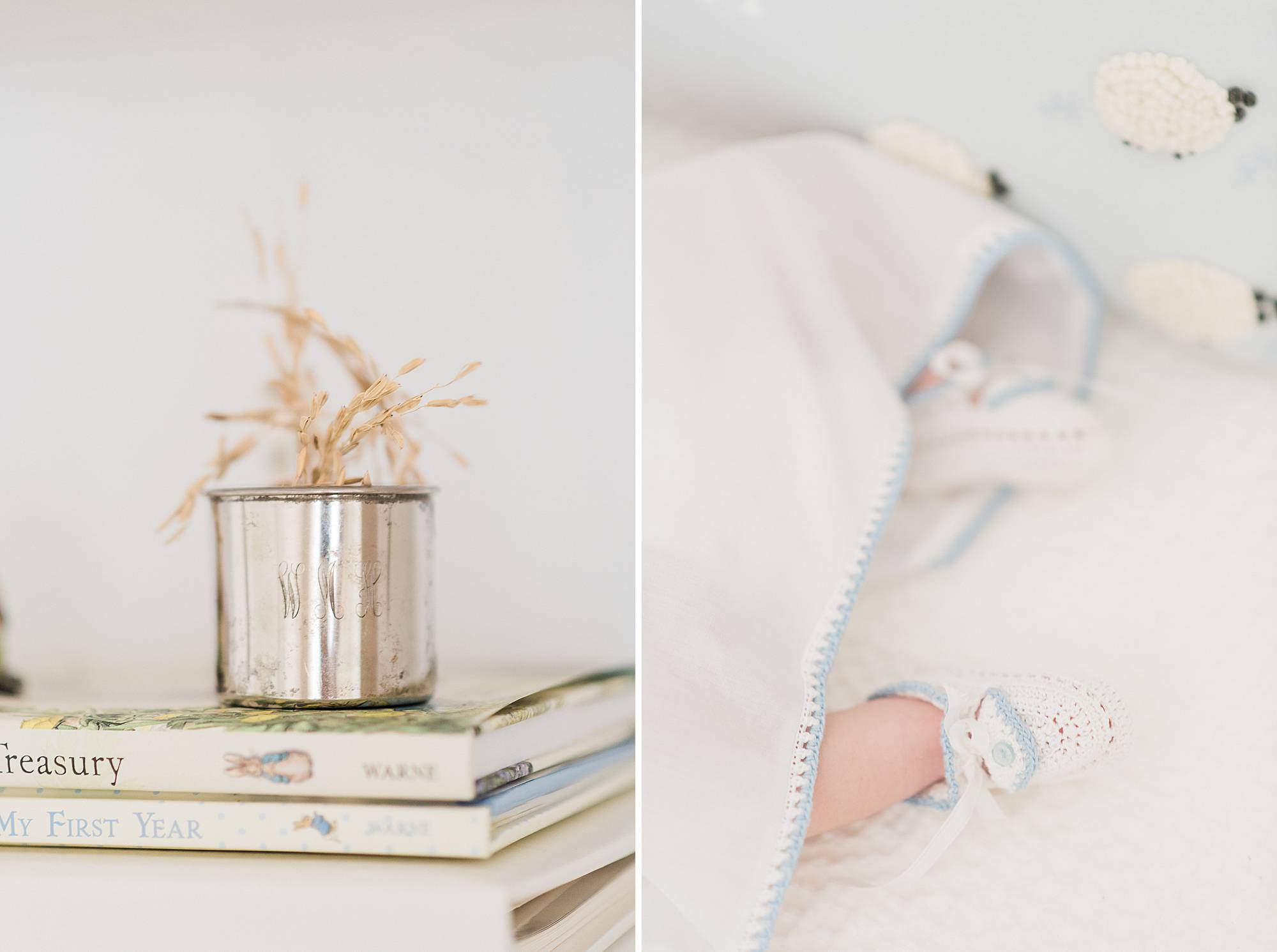 Antique newborn silver cup for decorations for a newborn nursery plus the books by Beatrix Potter Peter rabbit