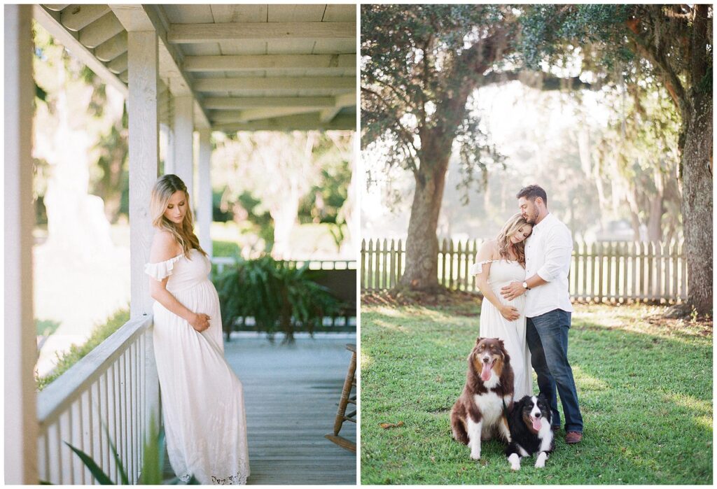 New parents lean on each other for a maternity portrait with their dogs in the lush landscape of Louisiana