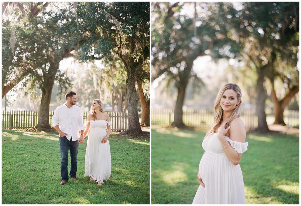 in the lush green grass surounded by mossy oak trees of the louisiana landscape, first time parents model for maternity session in Jungle Gardens, New Iberia