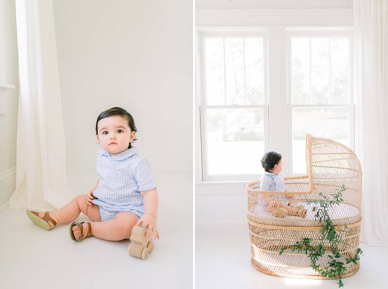 baby in bassinet in portrait studio indoors