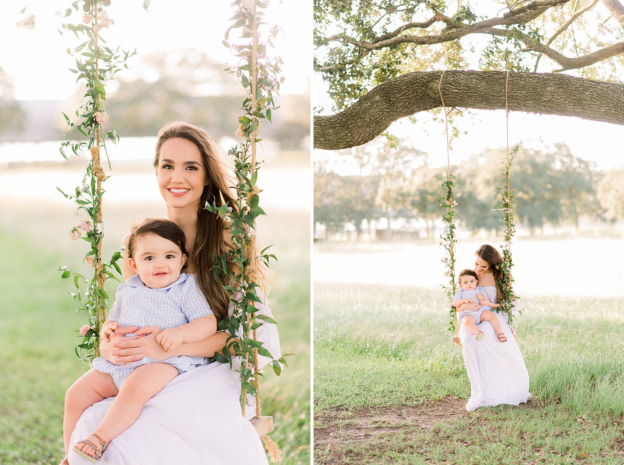 mother and child swinging on a swing in a field