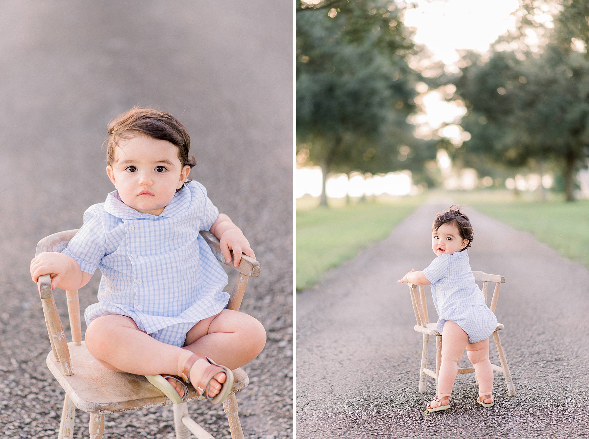 baby holding on to an antique chair 