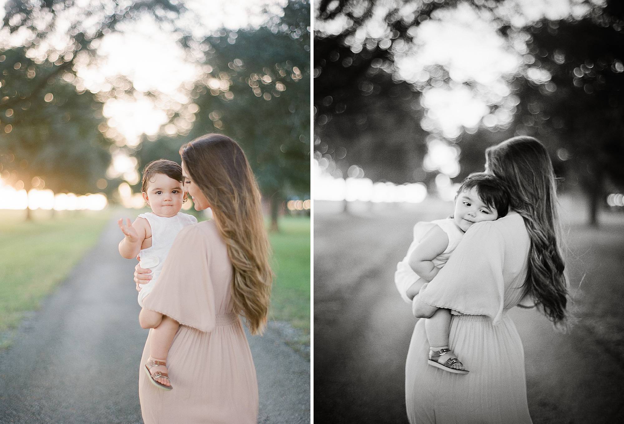 baby rest on mothers shoulder as they cuddle for a portrait