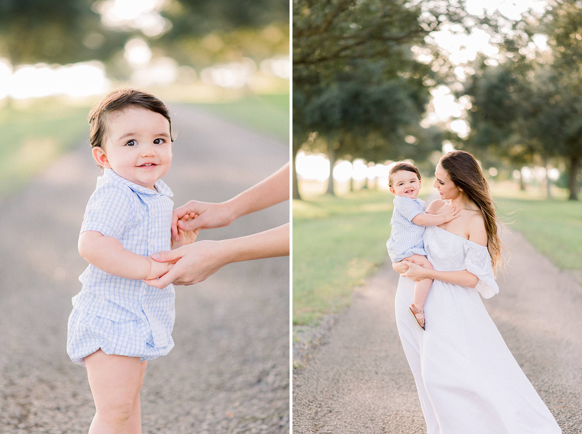 mom holds baby for portrait at sunset