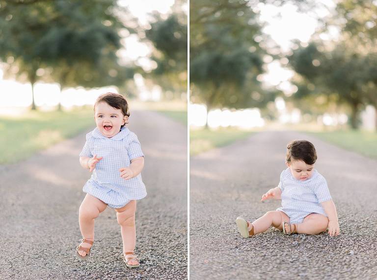 happy baby laughing and running down a path