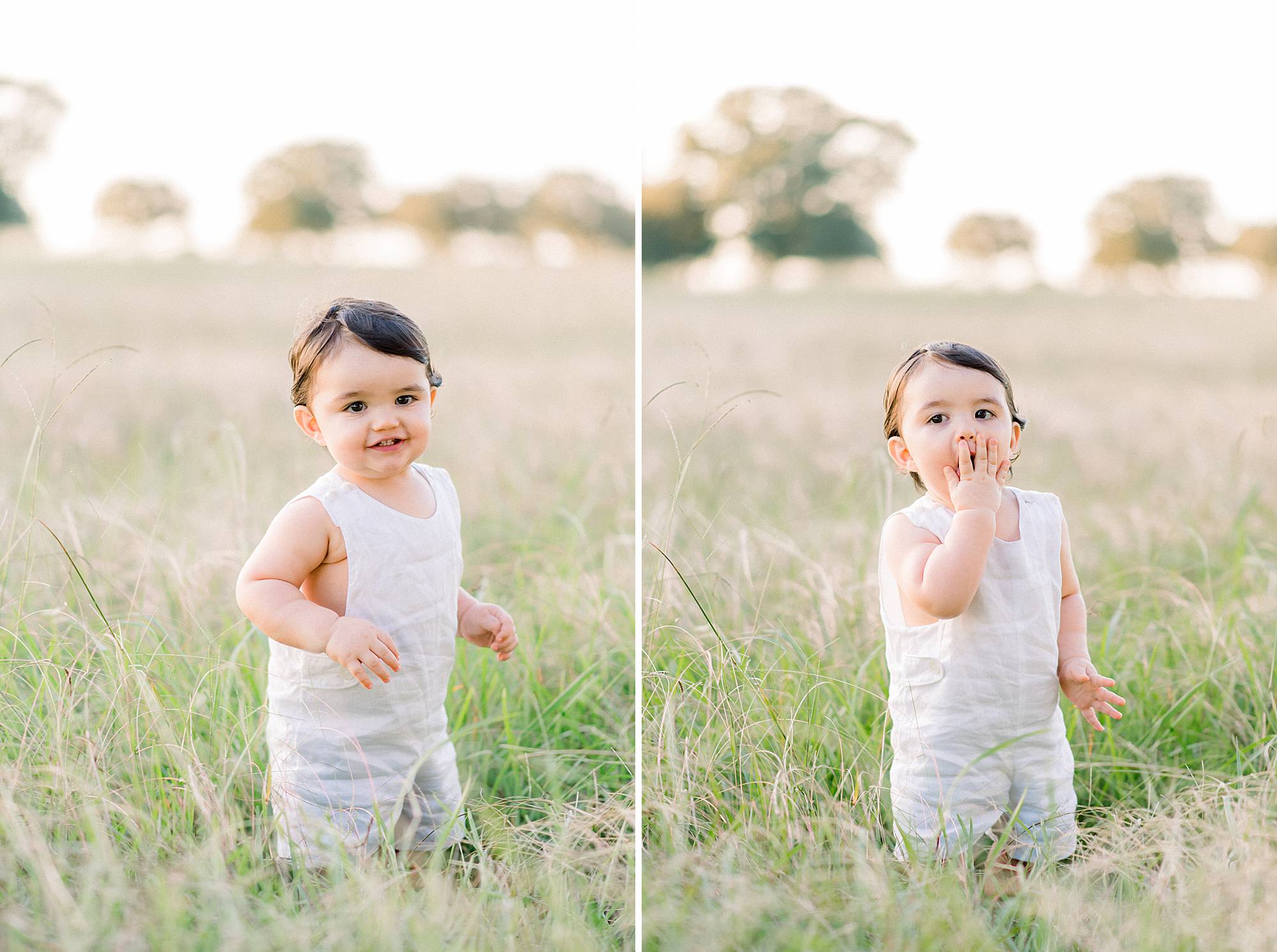 baby making silly face photographed in field