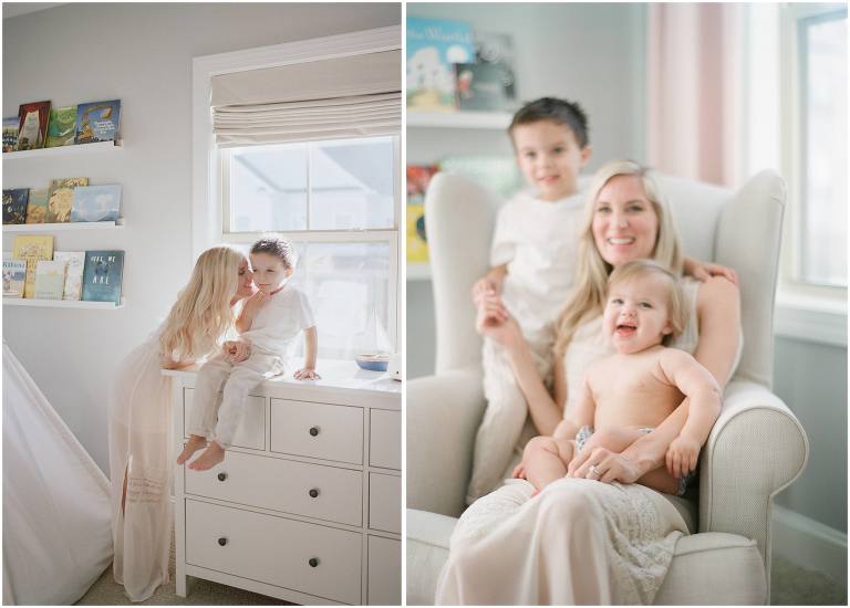 mom playfully sneaking kisses from her kids in at home session with lafayette photographer