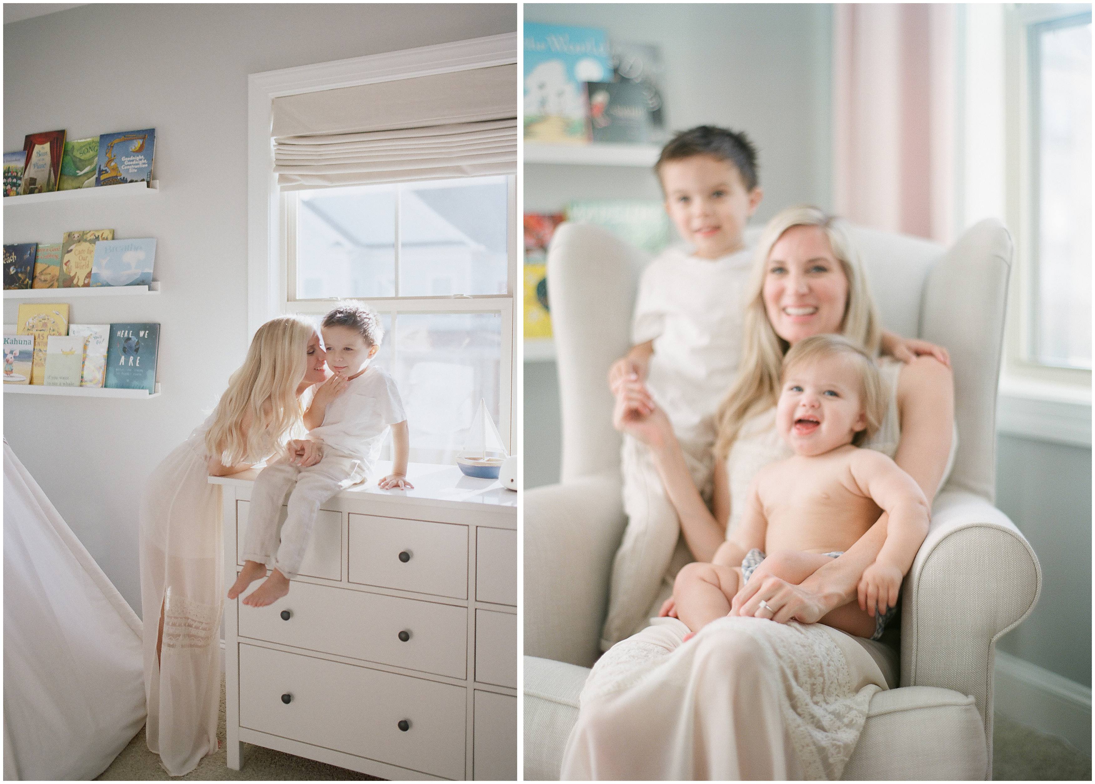 mom playfully sneaking kisses from her kids in at home session with lafayette photographer