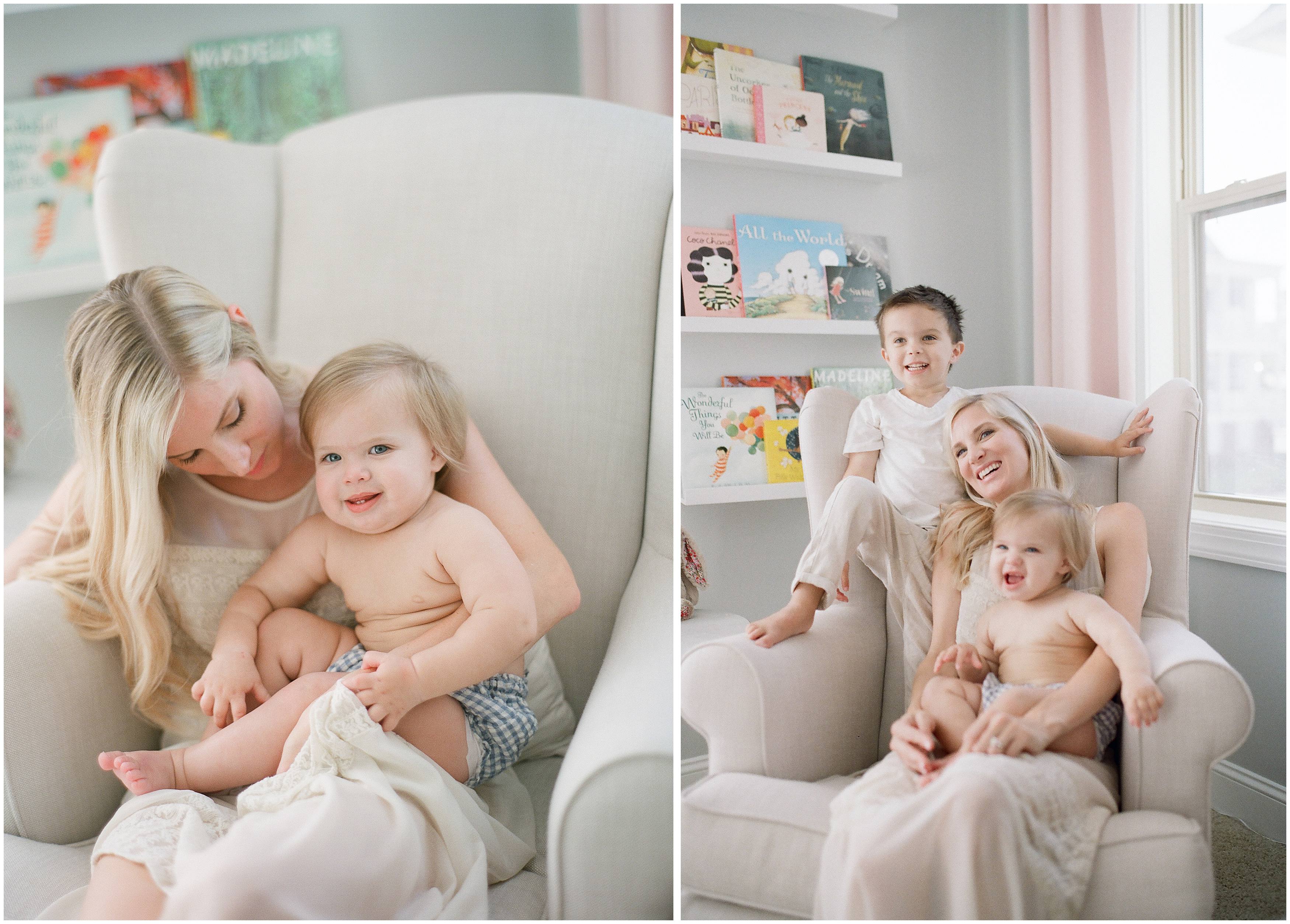 mother and child laughing  in nursery room photographed with medium format film 