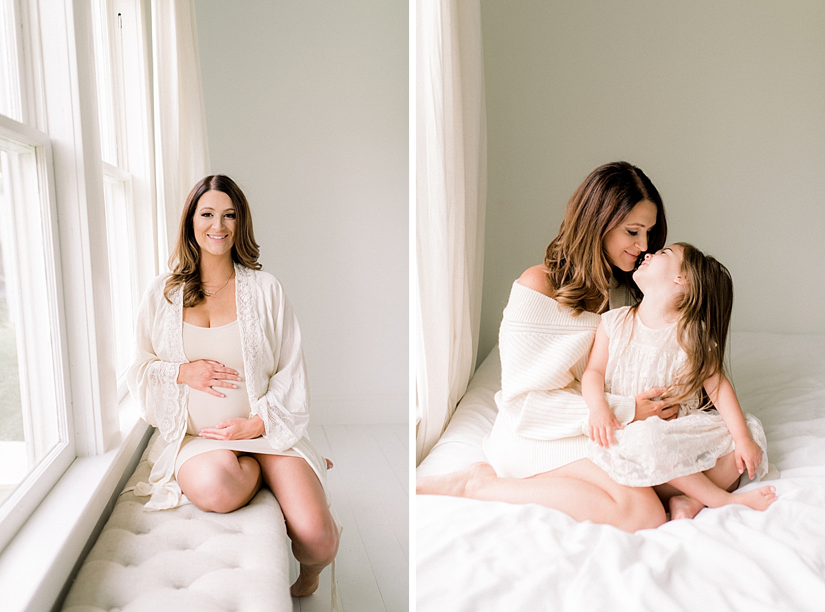 mom and little girl give Eskimo kisses inside newborn studio in Lafayette, La 