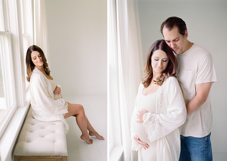 maternity mom posing in Lafayette Louisiana photography studio with husband