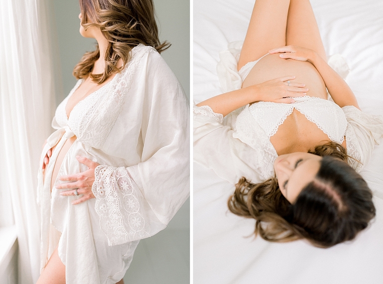 maternity boudoir session of mom in robe taken in a natural light photography studio