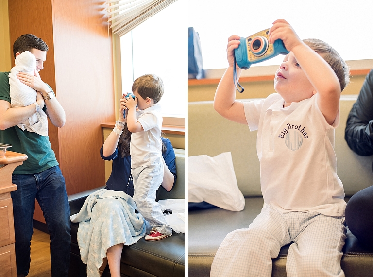 sibling receives kid friendly digital camera as a present to take photos of his new baby brother