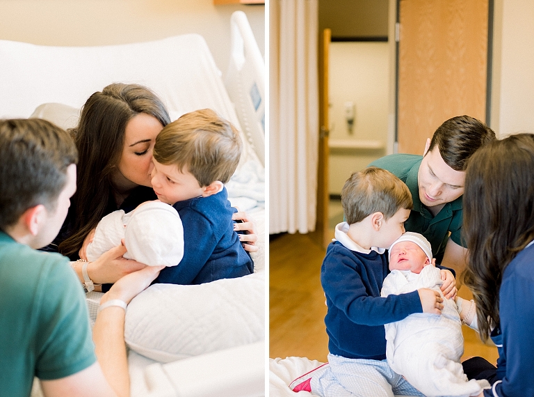 mom kisses her baby brother and he holds his new sibling during fresh 48 photography session