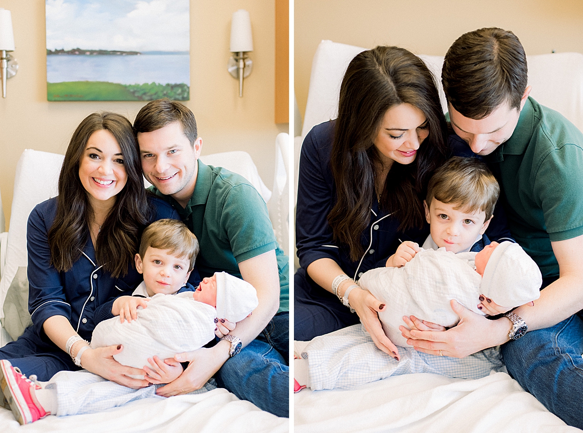 smiling portrait of family in the hospital after newborn baby arrives