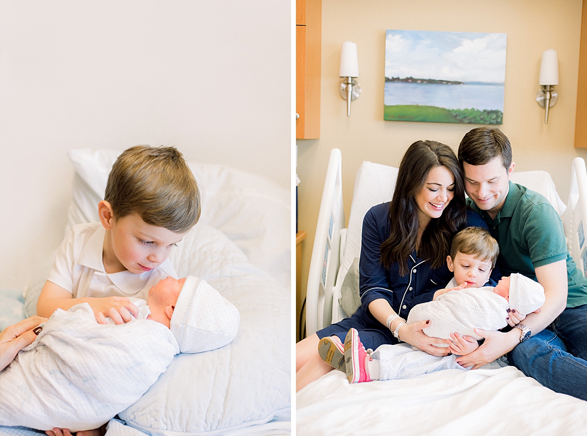 Big brother holds newborn for the first time on hospital bed in the beautifully renovated hospital room in Lafayette la 