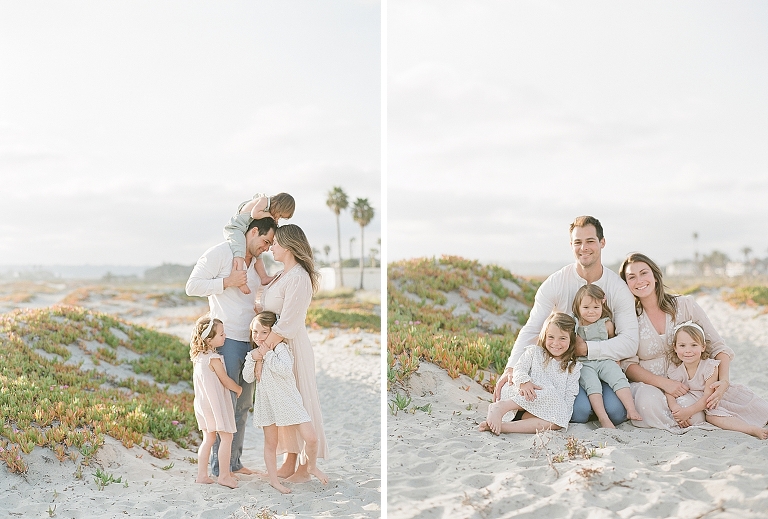 family photography session of mom dad and three little girls on the beach of San Diego in California 