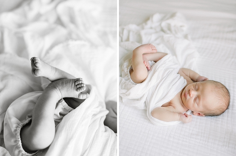 newborn film photographer medium format film portrait of baby boy laying on bed in lifestyle session