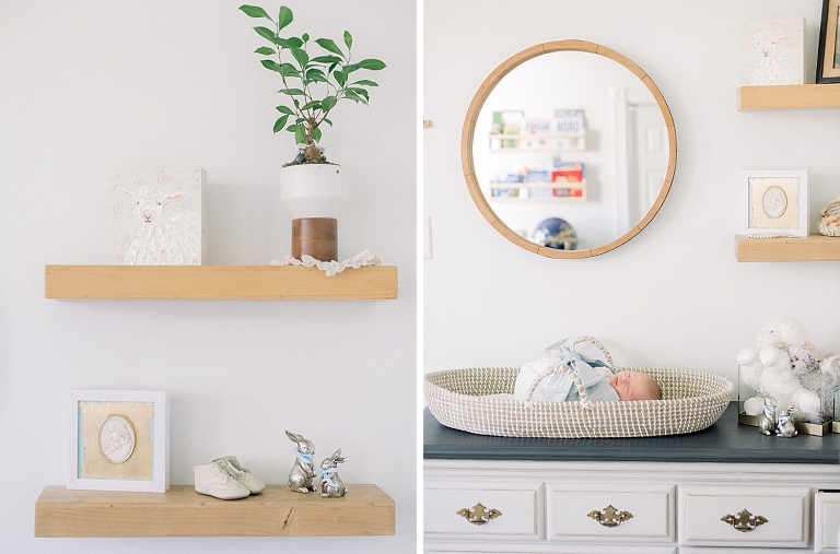 details of newborn baby's nursery including Moses bassinet and heirloom silver bunnies, books, and even vintage baby shoes 