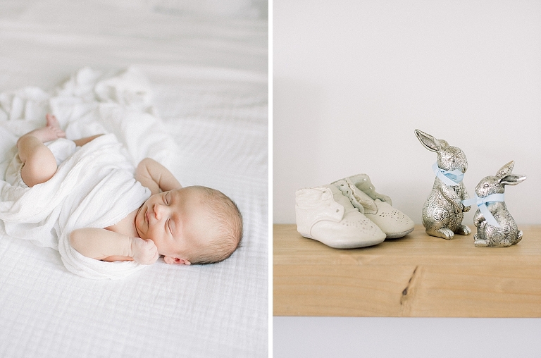 newborn sleeps in nursery while details of the nursery are shown off including a set of sliver bunnies and a vintage pair of baby shoes