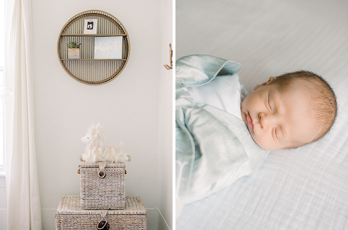 newborn sleeping on bed swaddled in a white blanket