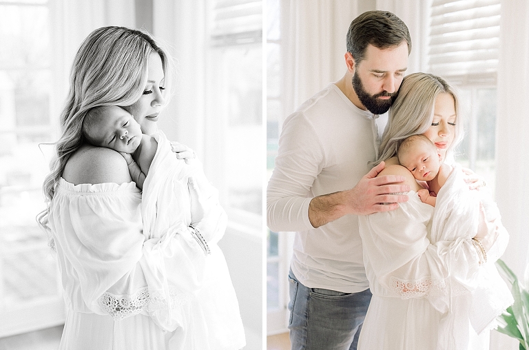 parents cuddle newborn baby boy as he goes to sleep during his newborn photography session