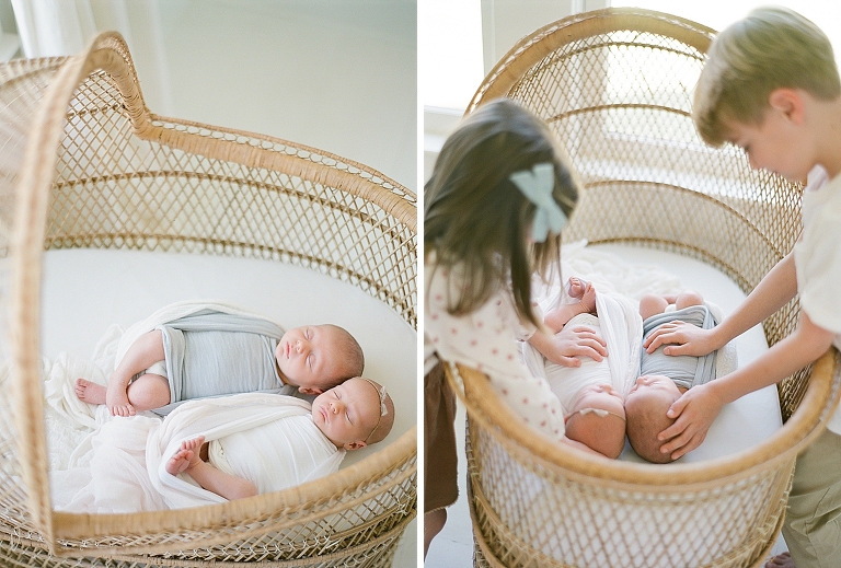 boy and girl Newborn twins lay in wicker antique bassinet during lifestyle newborn session in a white studio