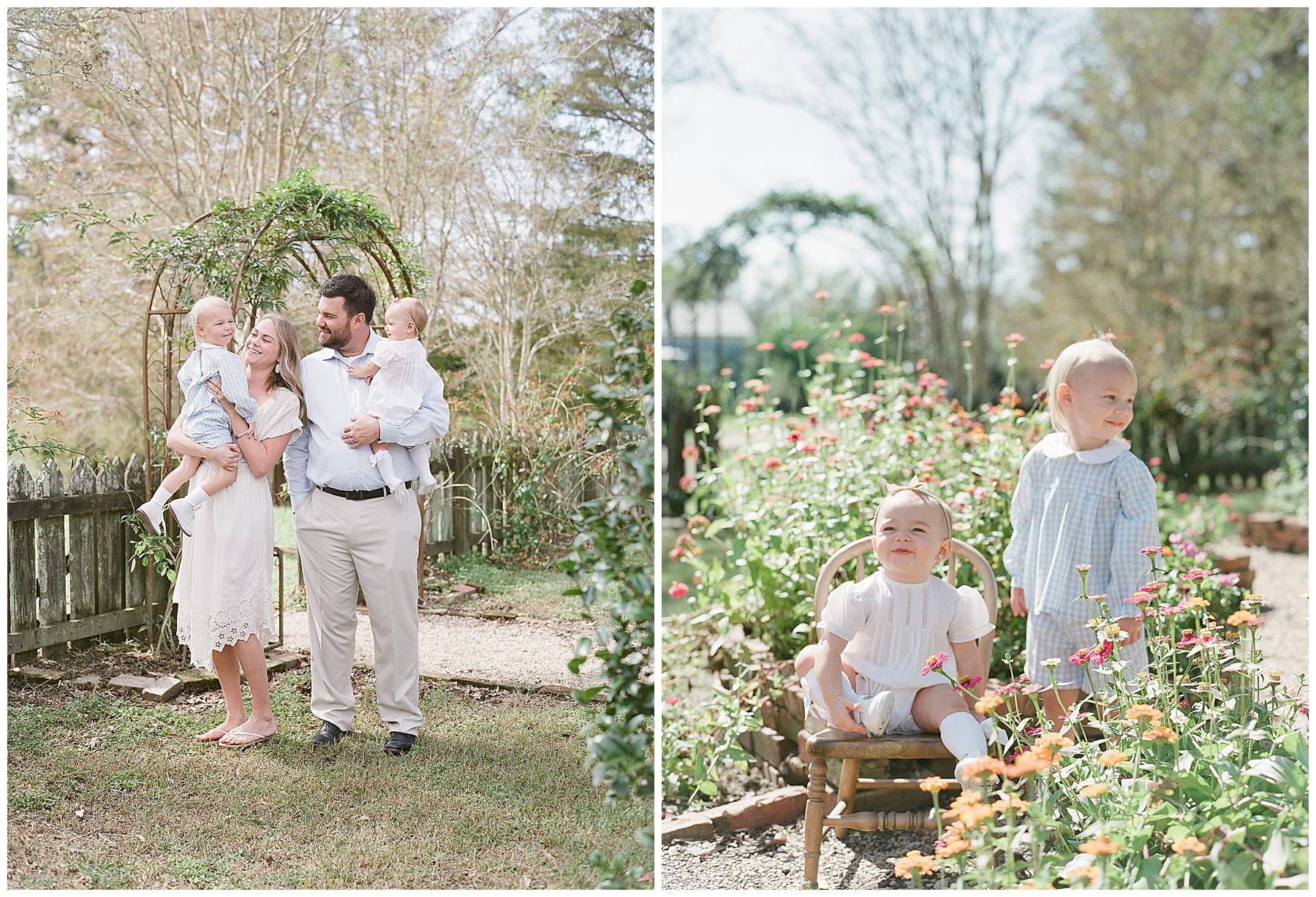 Siblings sitting together in Feltmen Brothers Heirloom outfits during portrait session outdoors.