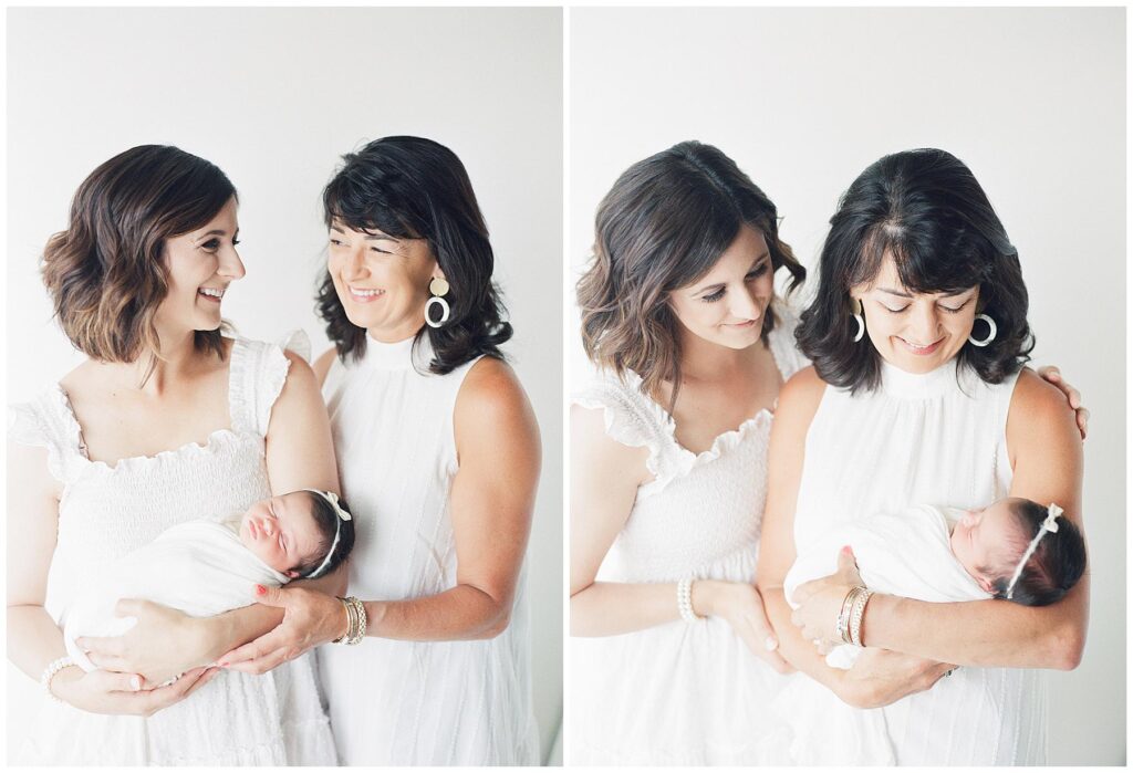 three generations of women: grandmother, mother, child all in one portrait inside a Lafayette La newborn photography studio 