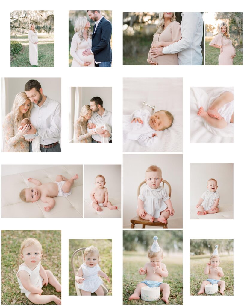 Example of family's milestone yearly album with Maternity, Newborn, 6 months, and 12 months displayed in a layout Baby's First Year Milestone Collection Photography 