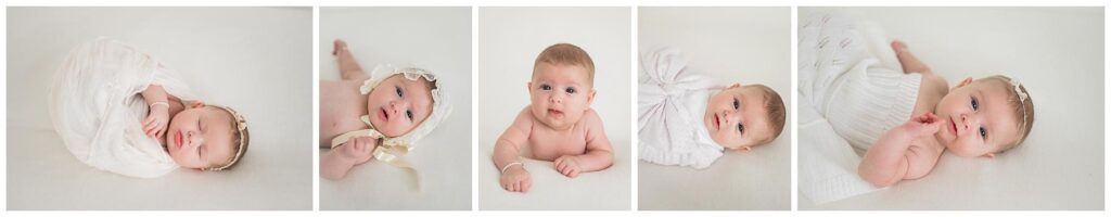 Portraits of a baby at three months in white photography studio dressed in heirloom bonnet, also in Beaufort Bonnet Company bow swaddle 